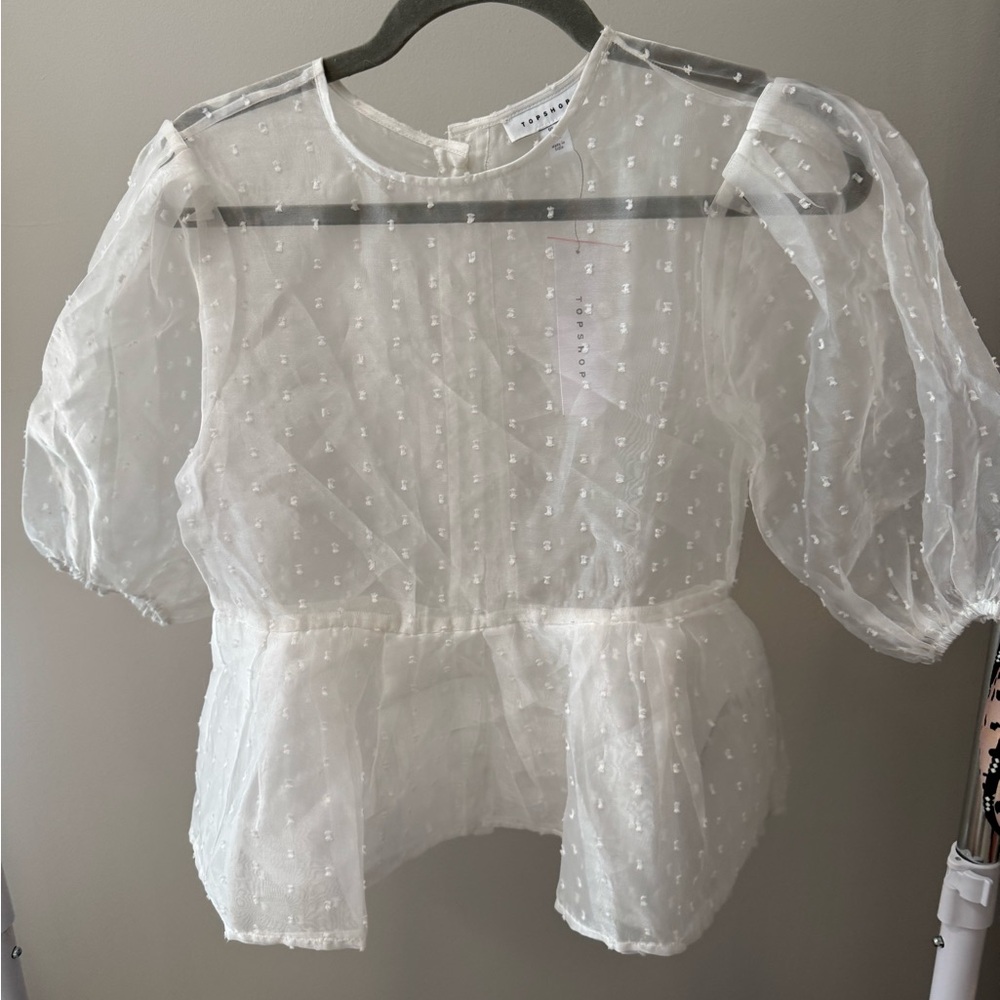 Topshop Sheer White Puff Sleeve Top